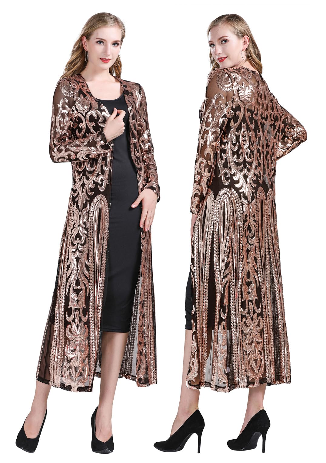 Z X Womens Sparkling Sequin 1920s Cover Up Loose Open Front Long Sleeve Cardigan Coat Dress for Evening