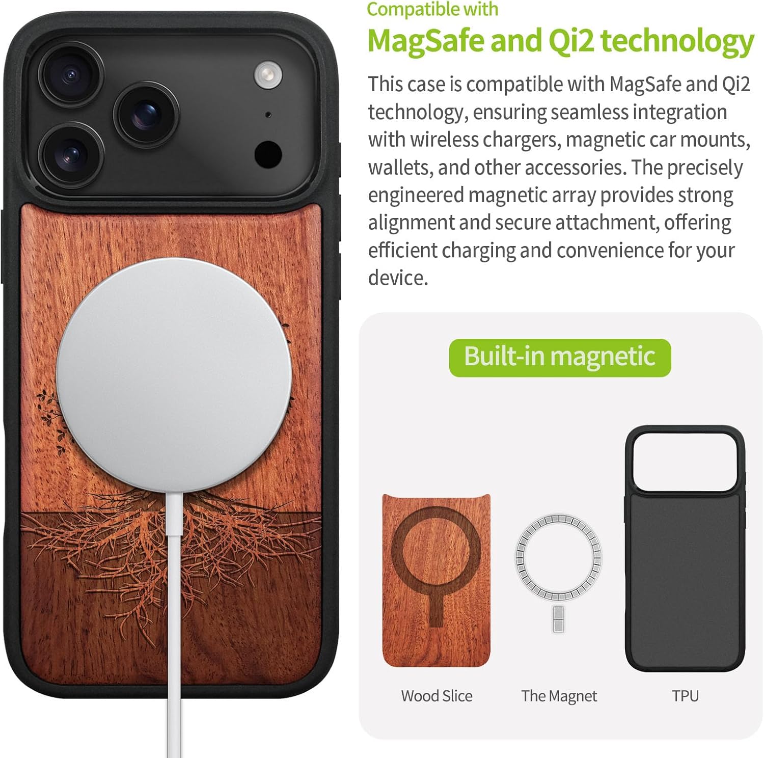 Carveit Magnetic Wooden Case for iPhone 17 Pro Case, Wood Artisan Engraved & Black Soft TPU Shockproof Cover, Compatible with MagSafe Wireless Chargers (The Yin Yang Tree) Rosy - Image 5