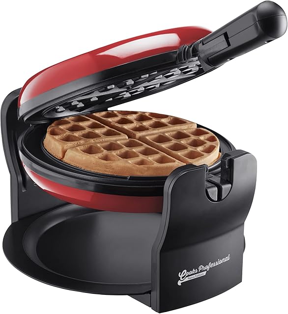 Belgian Waffle Maker Rotary Electric Iron 180° with Non Stick Coated Cooking Plates, (Retro red) by Cooks Professional