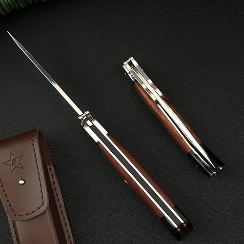 Miniatura 6 de Manual Open Folding Pocket Knife with Leather Sheath, 440C Steel Mirror Blade, Rosewood Handle, EDC Tactical Pocket Knife with Liner Lock,