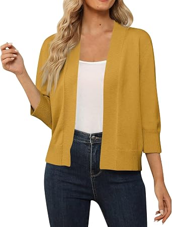 Cropped Cardigan Sweaters for Women Lightweight 3/4 Sleeve Open Front Short Shrugs Cardigans Fall Sweater Jacket Tops