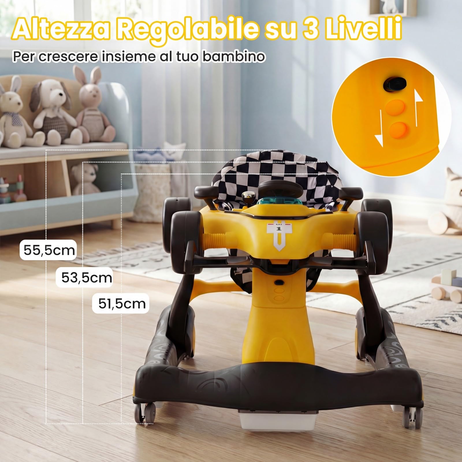 RELAX4LIFE Girello per Bambini 6-18 Mesi, Baby Walker 4 in 1 Trasformabile, Carrello Primi Passi e Macchinina a Spinta con Luci e Suoni, Altezza Regolabile, Pieghevole (GIALLO)