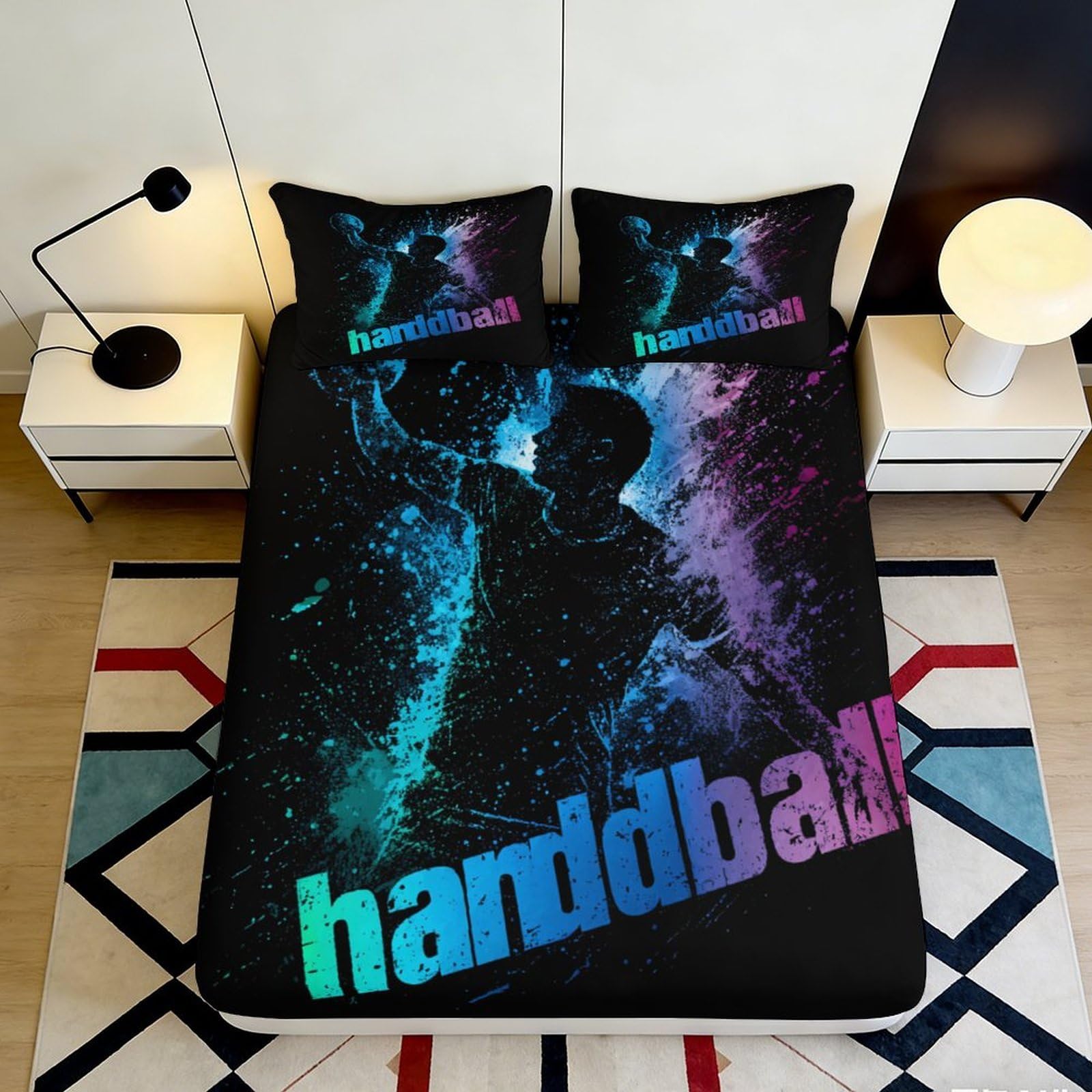 3D Printed Handball Player Fitted Sheet Microfiber Soft Anti-Slip Bed Cover for Bedroom Guest Room Modern Decor 90x200x25cm
