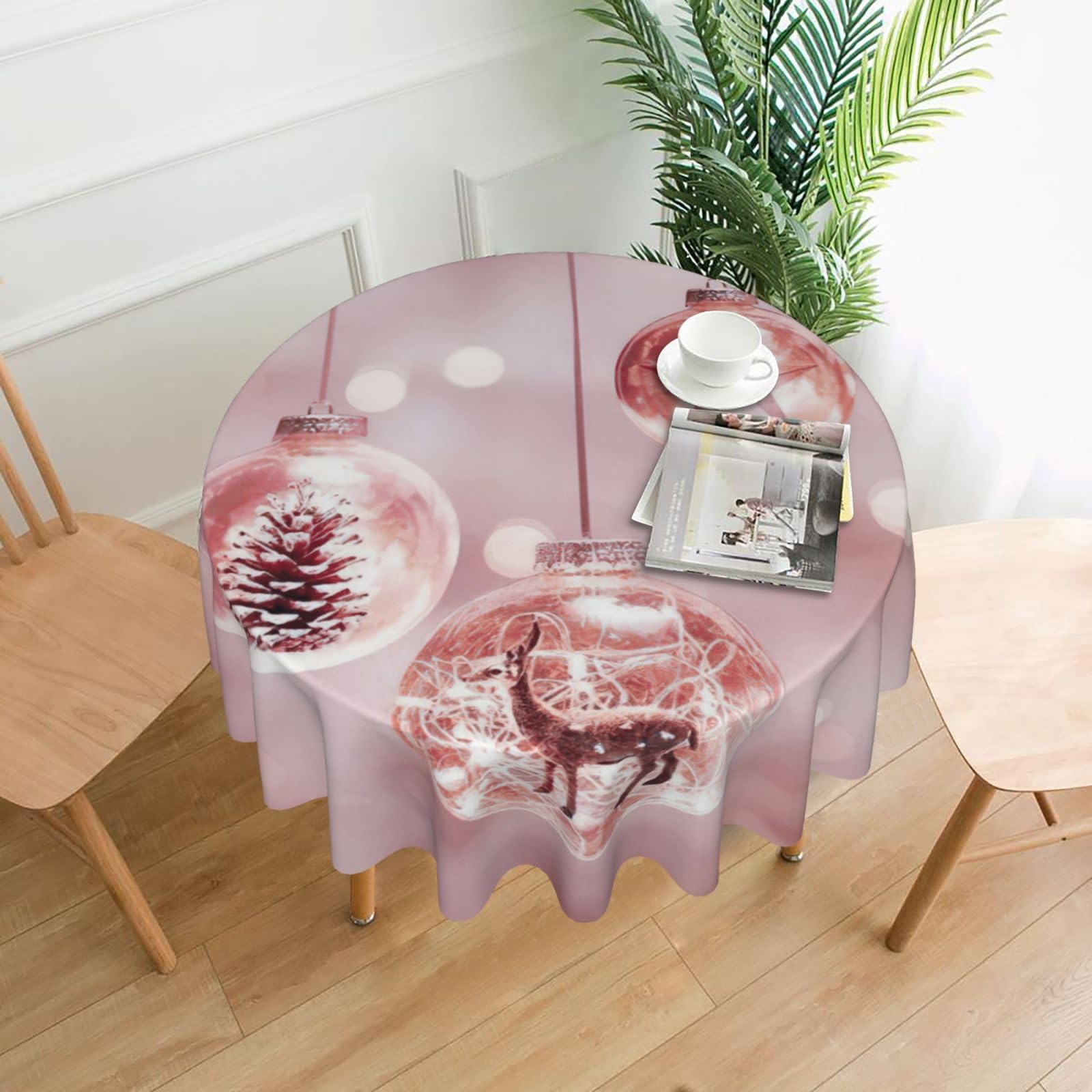 SDEGTHO Pink Christmas Ball Print Modern Retro Round Tablecloth 60in Polyester Fabric Cover for Party Dining Table Washable