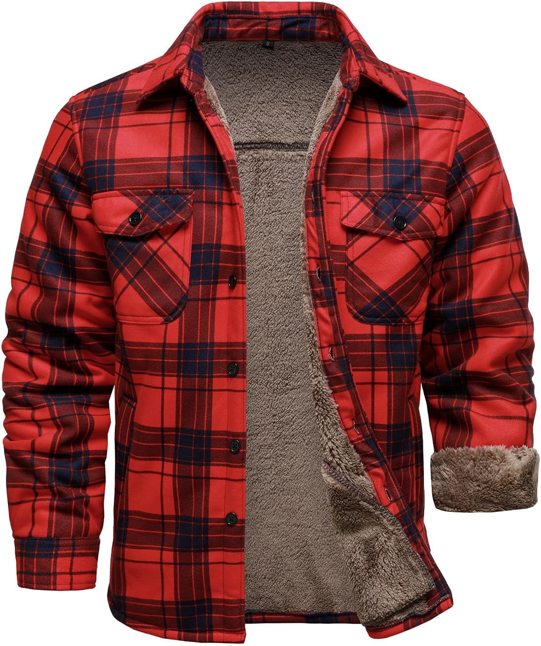 HOOD CREW Mens Winter Warm Fleece Jackets Sherpa Lined Plaid Flannel Shirt Jacket with Side Pockets