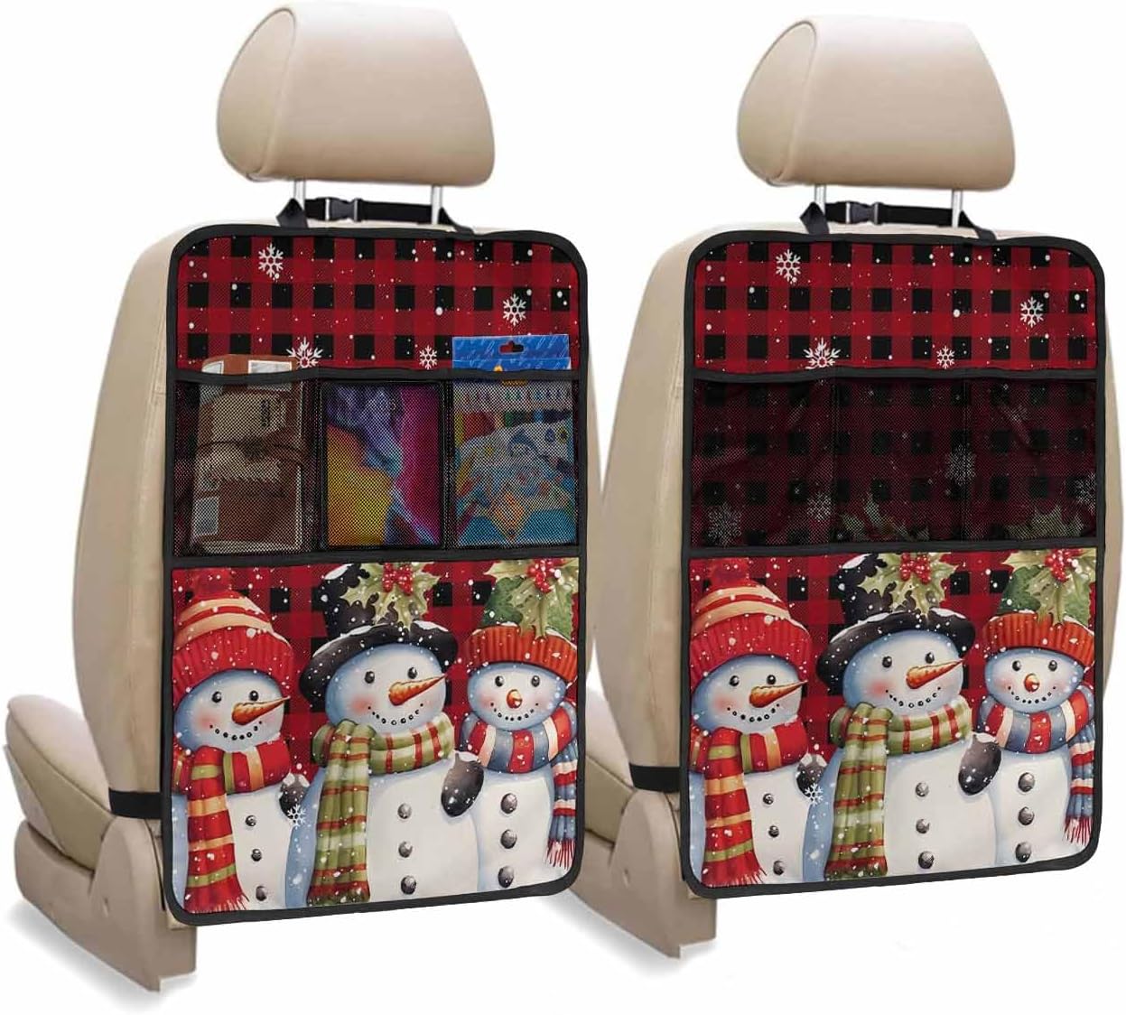 Car Seat Protector, 2 Pack Kick Mats with Organizer - 3 Pocket Storage, Merry Christmas Grey Snowman and Whinter Snowflake Back Seat Cover for Kids Universal Fit Automotive Interior Protectors