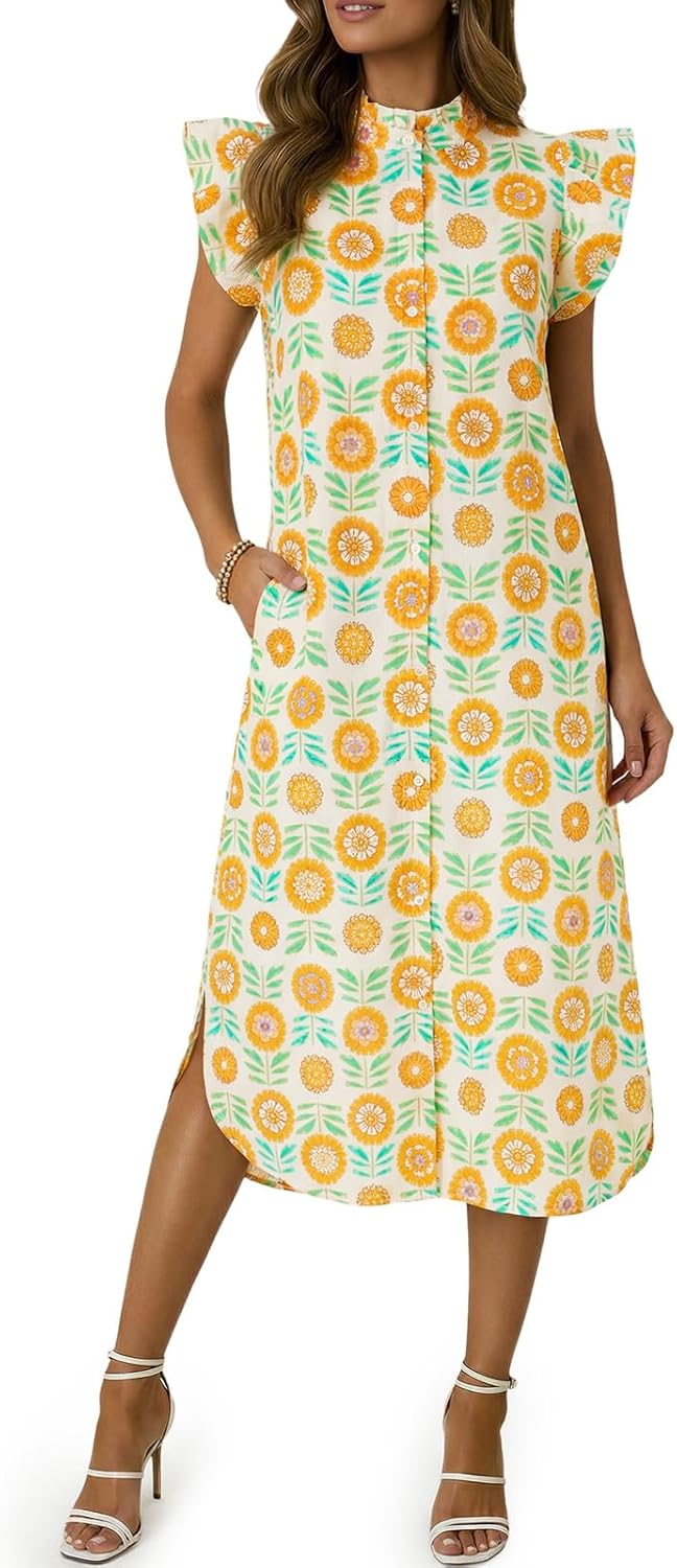 Wenrine Womens Summer Button Down Shirt Dress Casual Floral Rufffle Cap Sleeve Loose Beach Boho Midi Sundress
