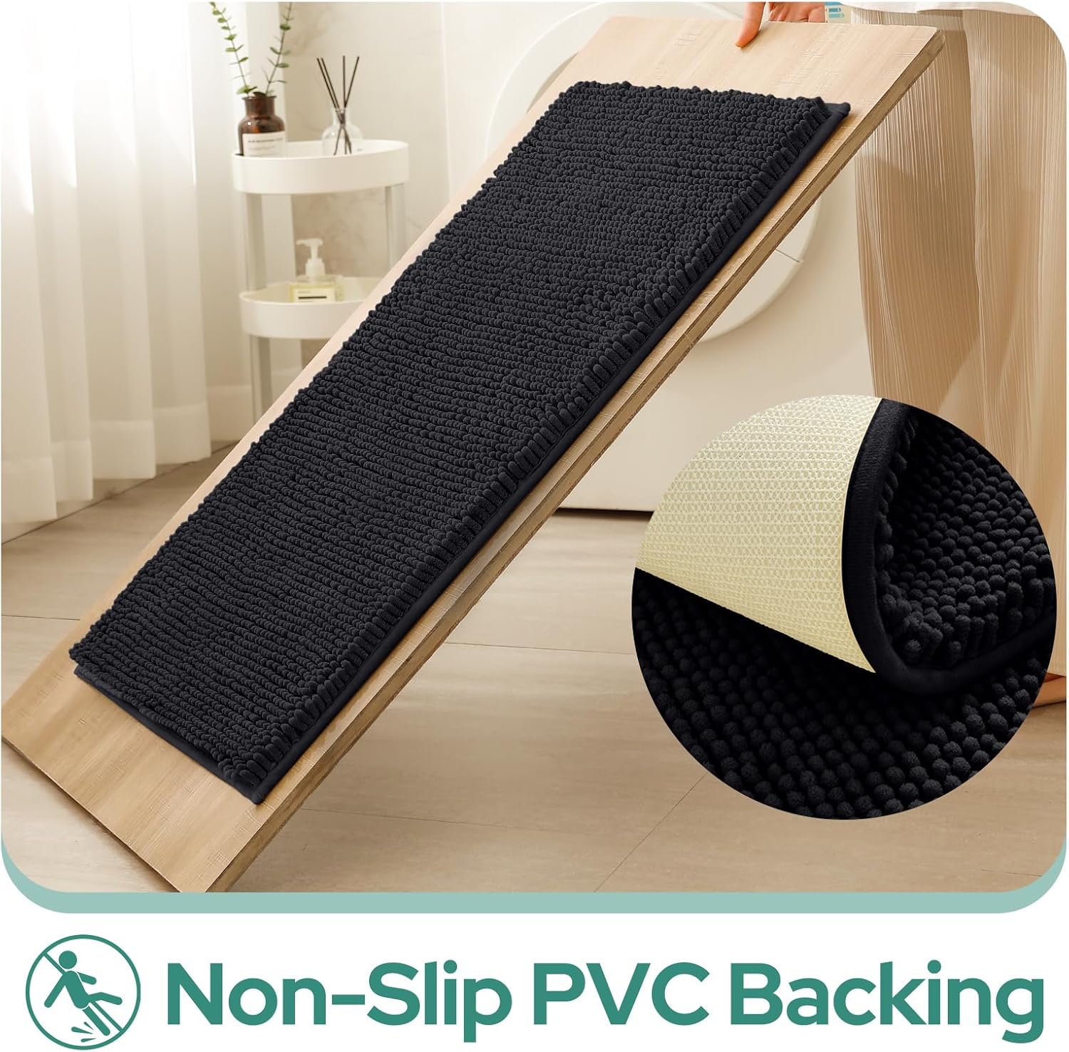 HOMEIDEAS 2 Pieces Bathroom Rugs, Non Slip Absorbent Chenille Toilet Bath Mat Set (Black)