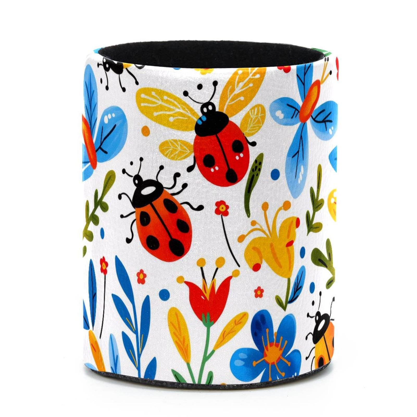 VAPOKF Round Pencil Holders for Desk, Ladybugs Florals Pen Holders Pen Pot Makeup Brushes Storage Desktop Stationery Supplies Organiser for Home Office
