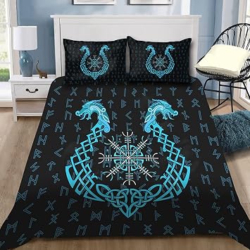 Celtic Dragon Tattoo Duvet Cover Bedding Set, Novelty Norse Viking 3D Print Zipper Duvet Covers and Pillowcases, Soft Microfiber Home Textile,Blue,King