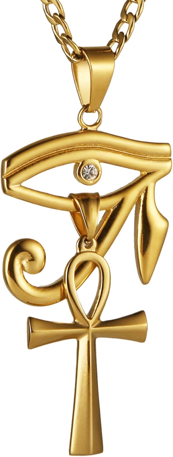 HZMAN Gold Stainless Steel Eye of Horus Egypt And Coptic Ankh Cross Religious Pendant Necklace 24" Figaro Chain