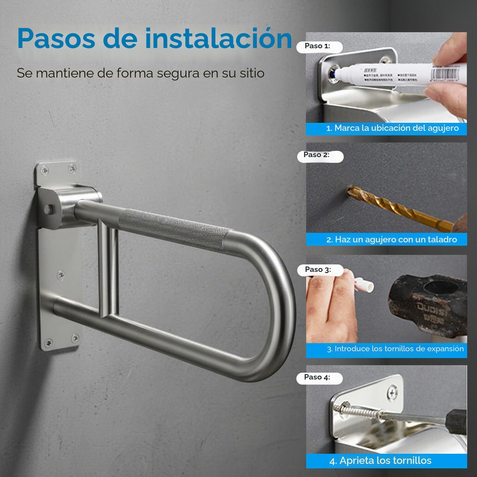 Barra Baño Abatible Acero Inoxidable 60cm | Barra WC Seguridad, Mate Antideslizante, Apoyo Seguridad Asidero, Agarre Plegado Compacto, Ducha