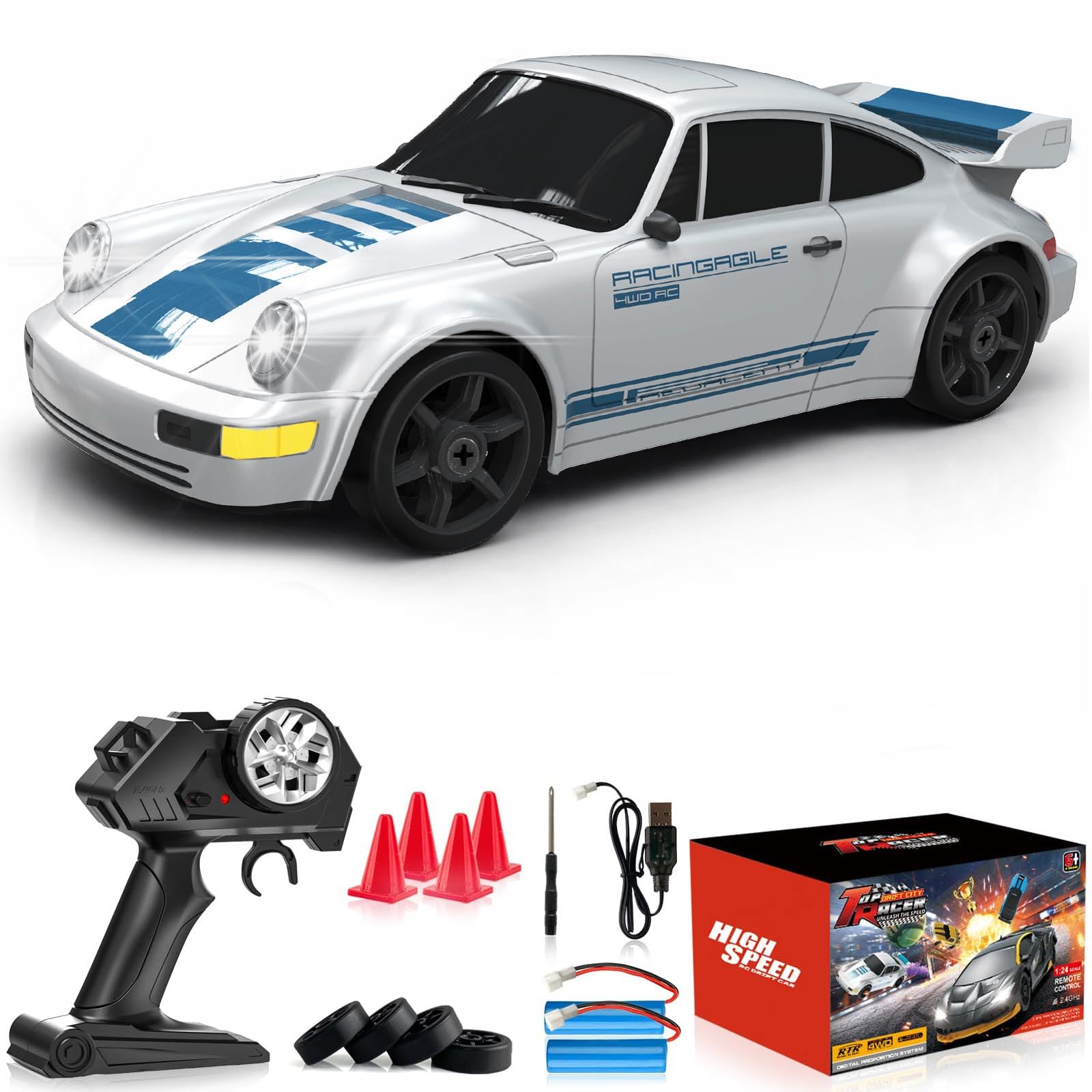 Remote Control Car RC Drift Car 2.4GHz 1:24 4WD 15KM/H High Speed Racing Sport Car with LED Lights Drifting Tire Racing Sport Toy for Adults Boys Girls Kids Gift 2Pcs Rechargeable Batteries