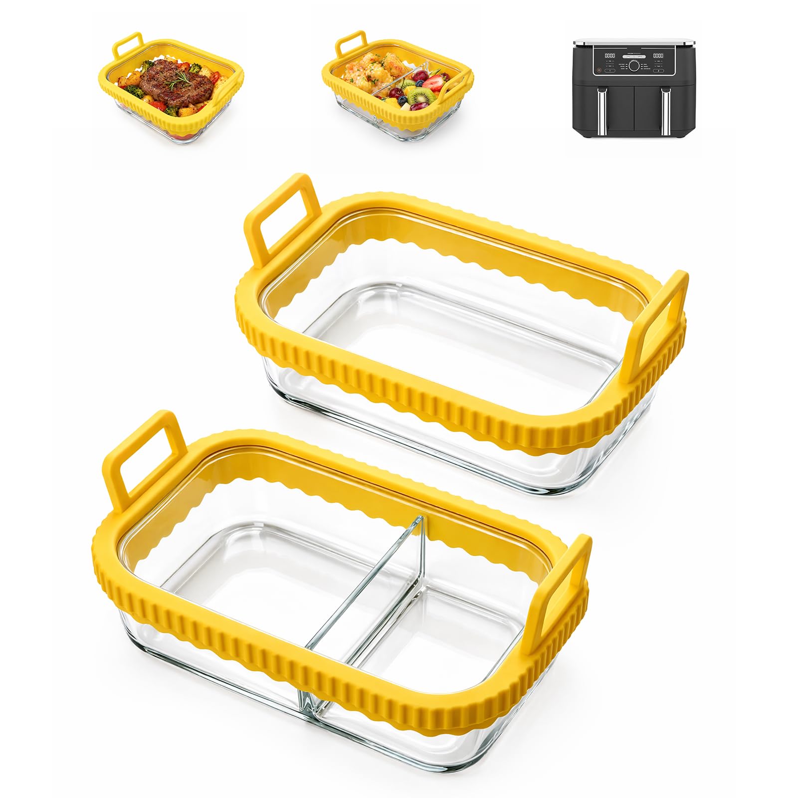 2 Recipientes Air Fryer Compatibles con Ninja AF400EU DZ400EU AF500EU, Freidoras de Aire de Cristal con Asas de Silicona, Accesorios de Airfryer de Cristal Amarillo, sin BPA, Apto Lavavajillas