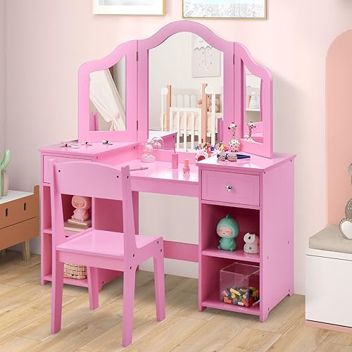 Miniatura 10 de AKUSTIK Juego de tocador para niños, 2 en 1 de madera rosa para niños pequeños con espejo desmontable de tres pliegues, estantes de almacenamiento,