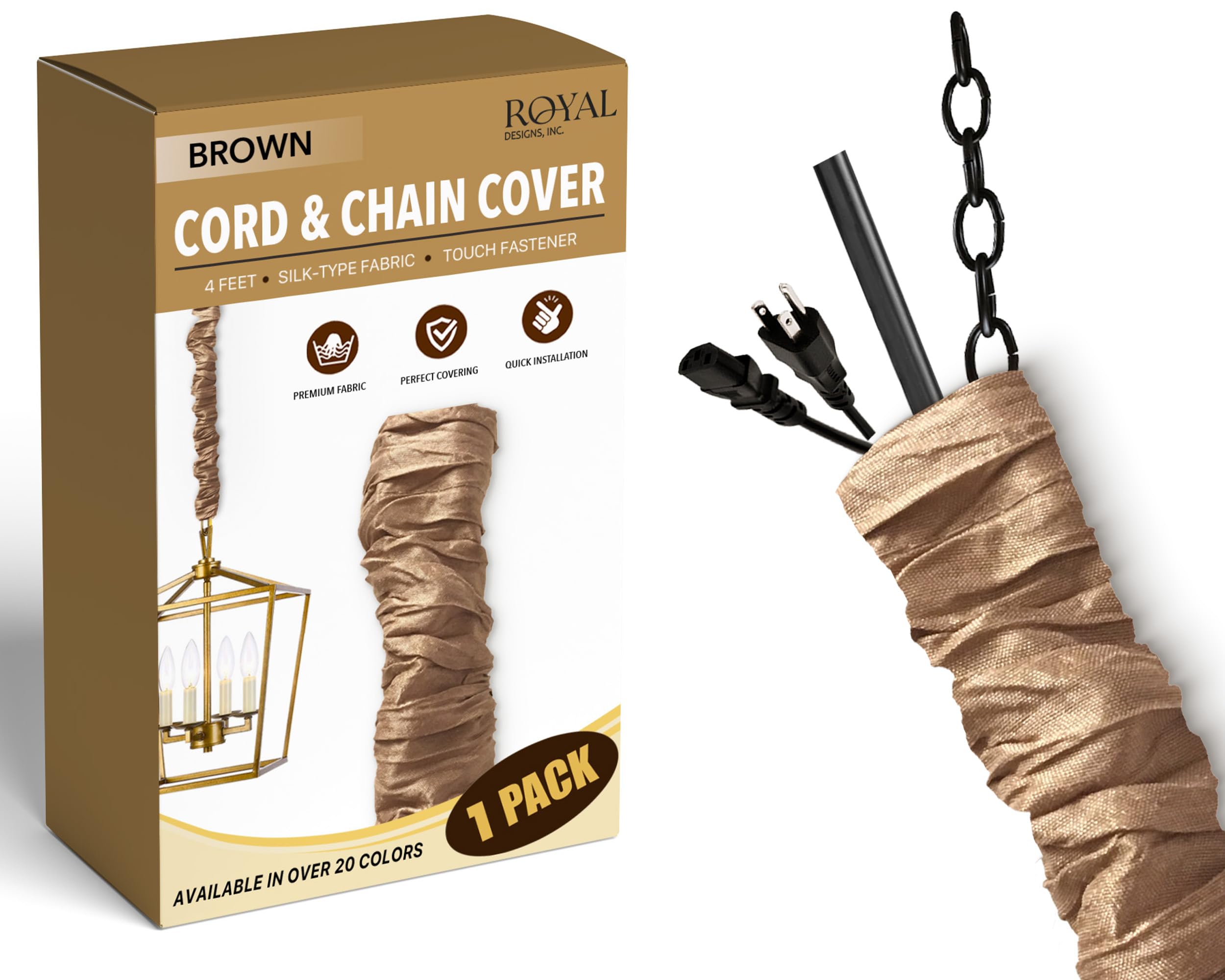 Royal Designs, Inc. Cord & Chain Cover 4 ft Silk Type Fabric, Chandelier Pendant Lighting Chain & Cable Management, Touch Fastener, Brown - 1 Pack