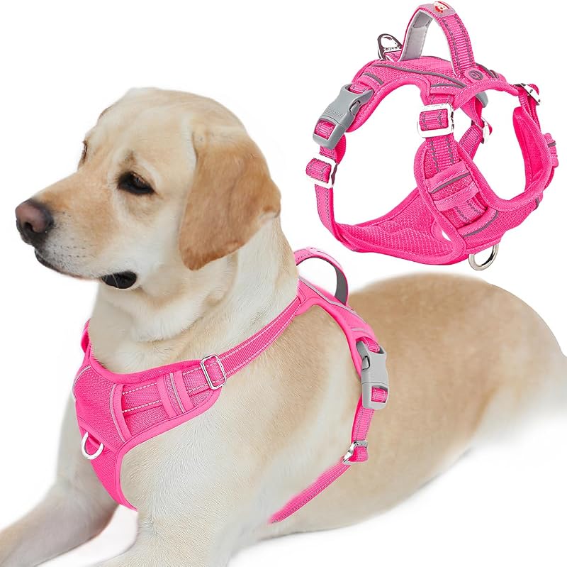 BARKBAY Arnés para perro sin tirones con bolsillo para etiqueta de identificación, resistente, reflectante, fácil control para perros grandes (rosa, L)