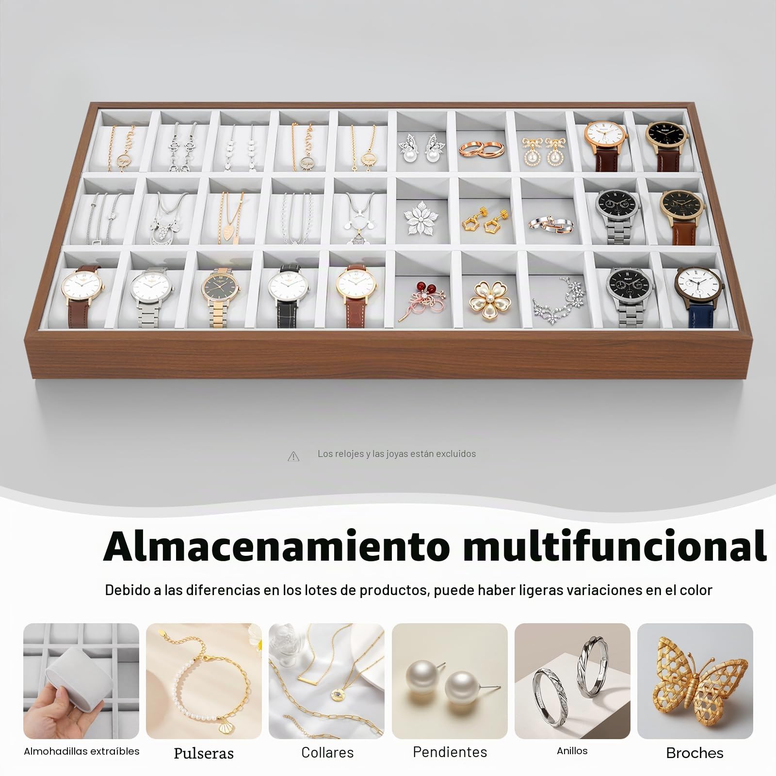 Caja de almacenamiento de madera para reloj de joyería, escaparate, pulsera, bandeja de almacenamiento, joyas, reloj, caja de madera, caja de exhibición, soporte de exhibición (30 ranuras)