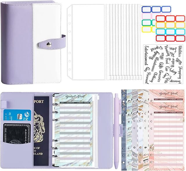 49Pcs A6 Budget Binder Cash Envelope, Money Saving Wallet, Cash Saving Wallet for Budget Planning, Money Saving.(Purple)