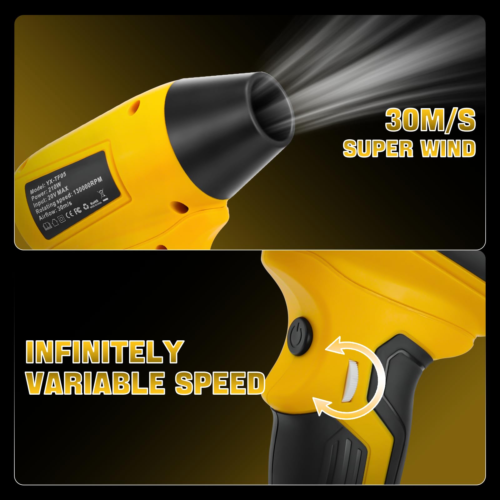 Mini soffiatore a foglia compatibile con batteria Dewalt 20 V, 130.000 giri/min, motore senza spazzole, velocità del vento 30 m/s, 5 ugelli per soffiatore a foglie, pulizia auto (senza batteria)