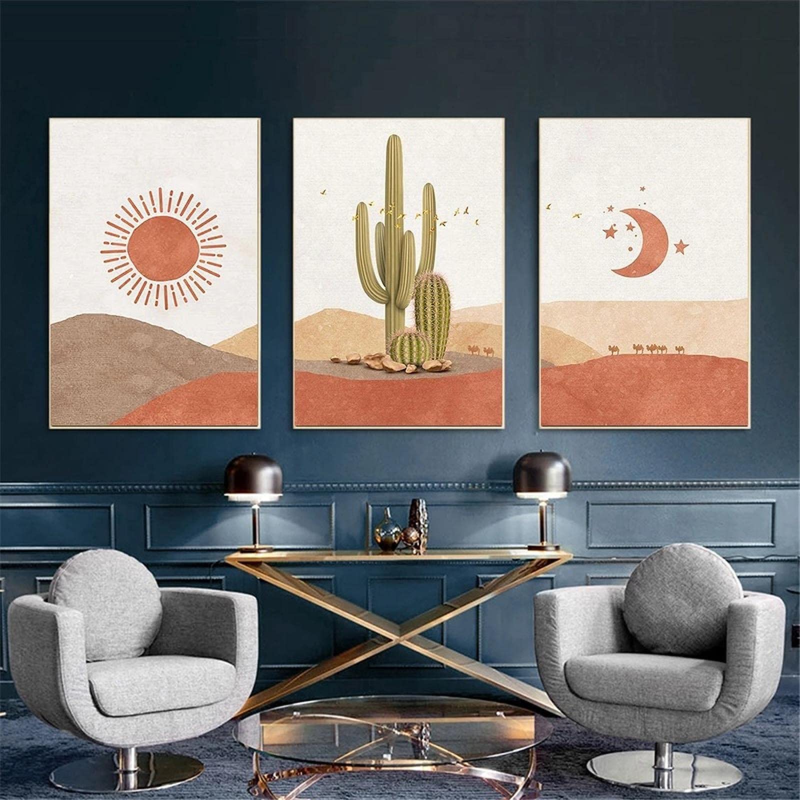 Lienzo pintura nórdico con tríptico de desierto sol y luna