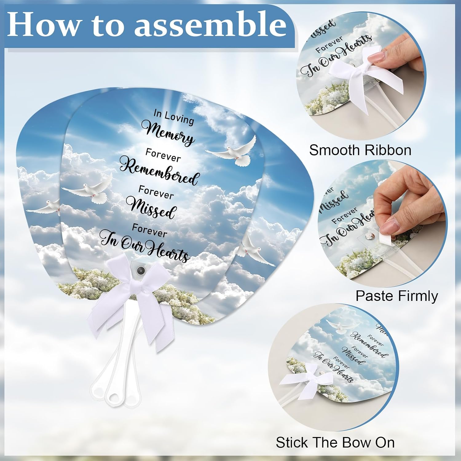 50 Pcs Funeral Favors for Guests Memorial Fans with Handles Bows Celebration of Life Gifts for Summer Sympathy Funeral Return Souvenirs Decorations