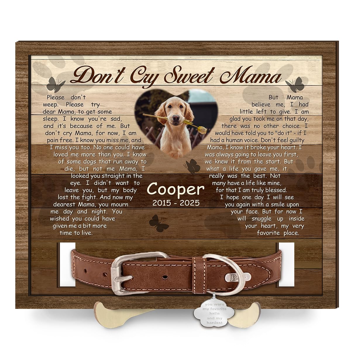 Personalized Pet Memorial Frame, Don't Cry Mama Rectangle Wooden Frames – Custom Dog Memorial Gift With Collar Holder – Remembrance Keepsake, Pet Loss Gifst, Meaningful Bereavement Gift Pet Frame 05