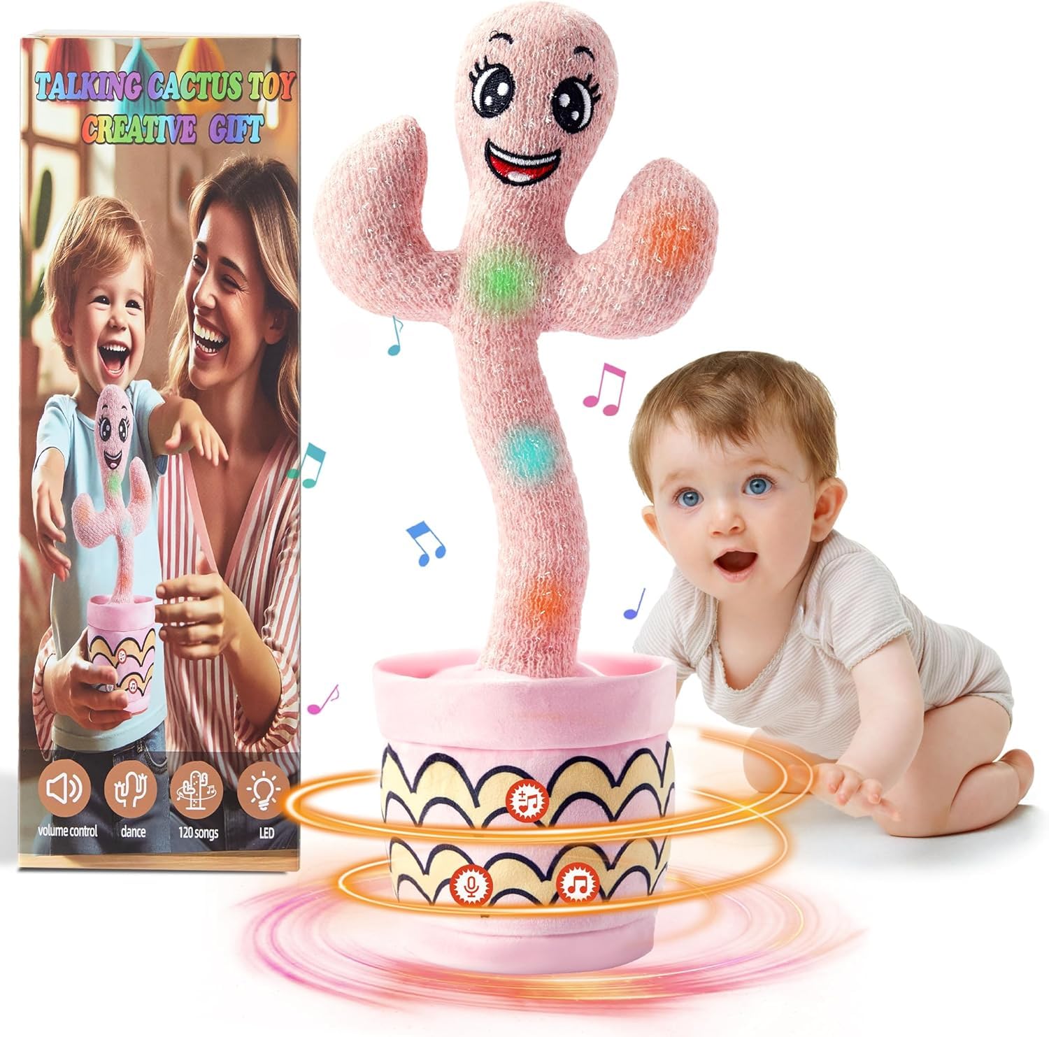 Dancing Talking Cactus Baby Toy, Cactus Baby Interactive with 120 Pcs Songs+Singing+Dancing+Recording+LED, Mimicking Recording Repeats What You Say Toy 0-6 6-12 Months+ Babies