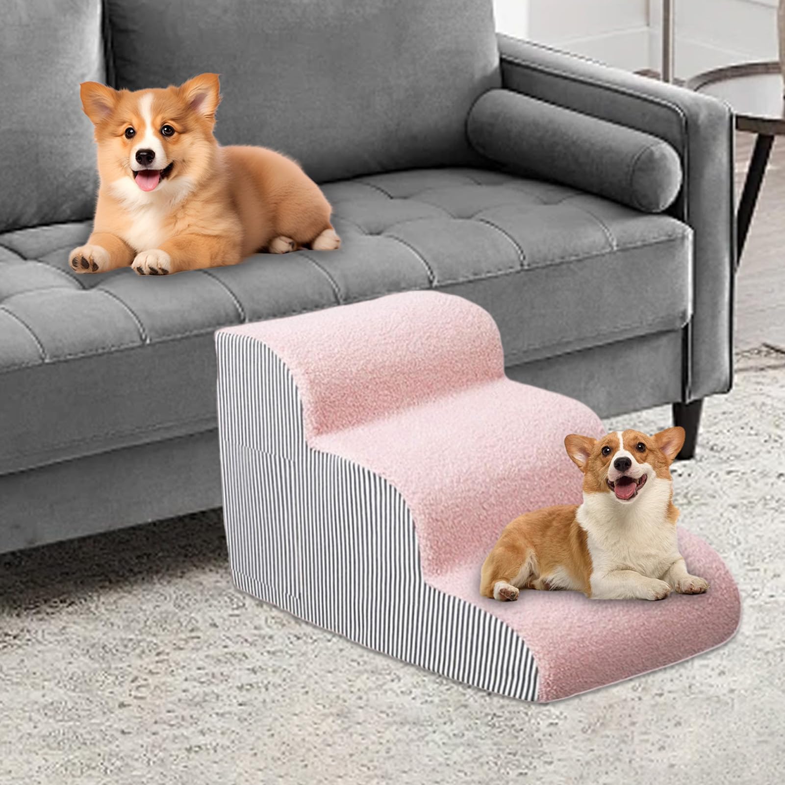 Escaleras Rosas para Perros, para Cama, Escalera Antideslizante de 2, 3 o 4 peldaños para Perros pequeños y Gatos, Escalera extraíble y Lavable para Mascotas, Ideal para sofá, Cama e Interior