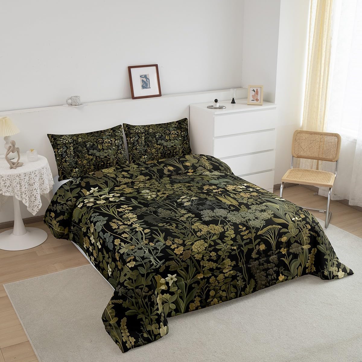Retro Botanical Comforter Set Full Size,Dark Green Leaves Bedding Sets 3Pcs for Kids Teens Adult Room Decor,Tropical Fern Plants Quilted Duvet Rustic Farmhouse Style Down Comforter,2 Pillowcases