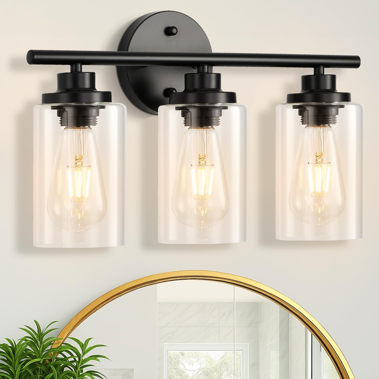 3-Light Bathroom Light Fixtures, Black Modern Vanity Light with Clear Glass Shade, Bathroom Lighting Fixtures Over Mirror, Bathroom Wall Sconce Lights for Mirror Living Room Bedroom Hallway Black 3-Light Round