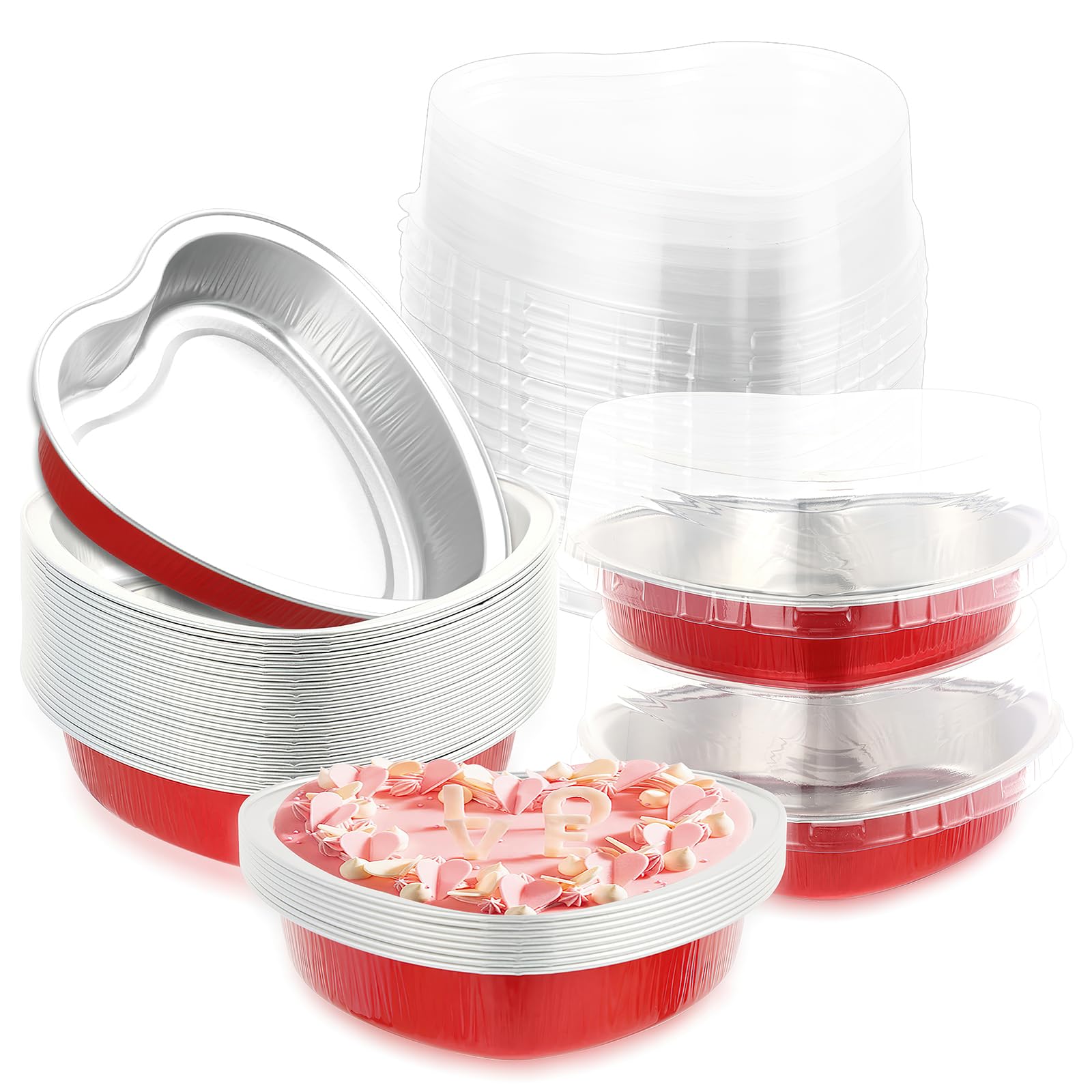 24 Stück 225 ml Aluminiumfolie herzförmige Kuchenformen mit transparenten Deckeln, große Einweg-Herz-Kuchenform, Cupcake-Backförmchen, Förmchen, Behälter für Valentinstag, Essen, Hochzeit, Party