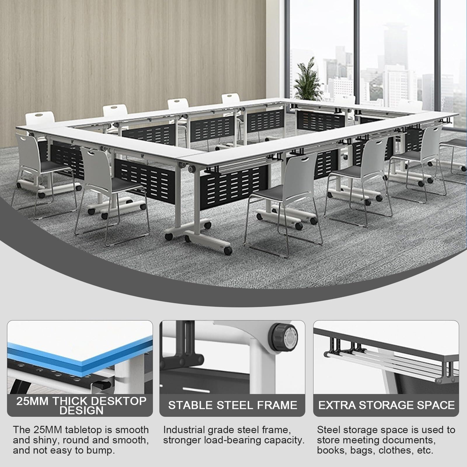 Modułowe składane stoły konferencyjne, solidna metalowa konstrukcja, ciche kółka, wodoodporny zestaw biurowych stołów konferencyjnych (6 sztuk, 120 x 40 x 75 cm)