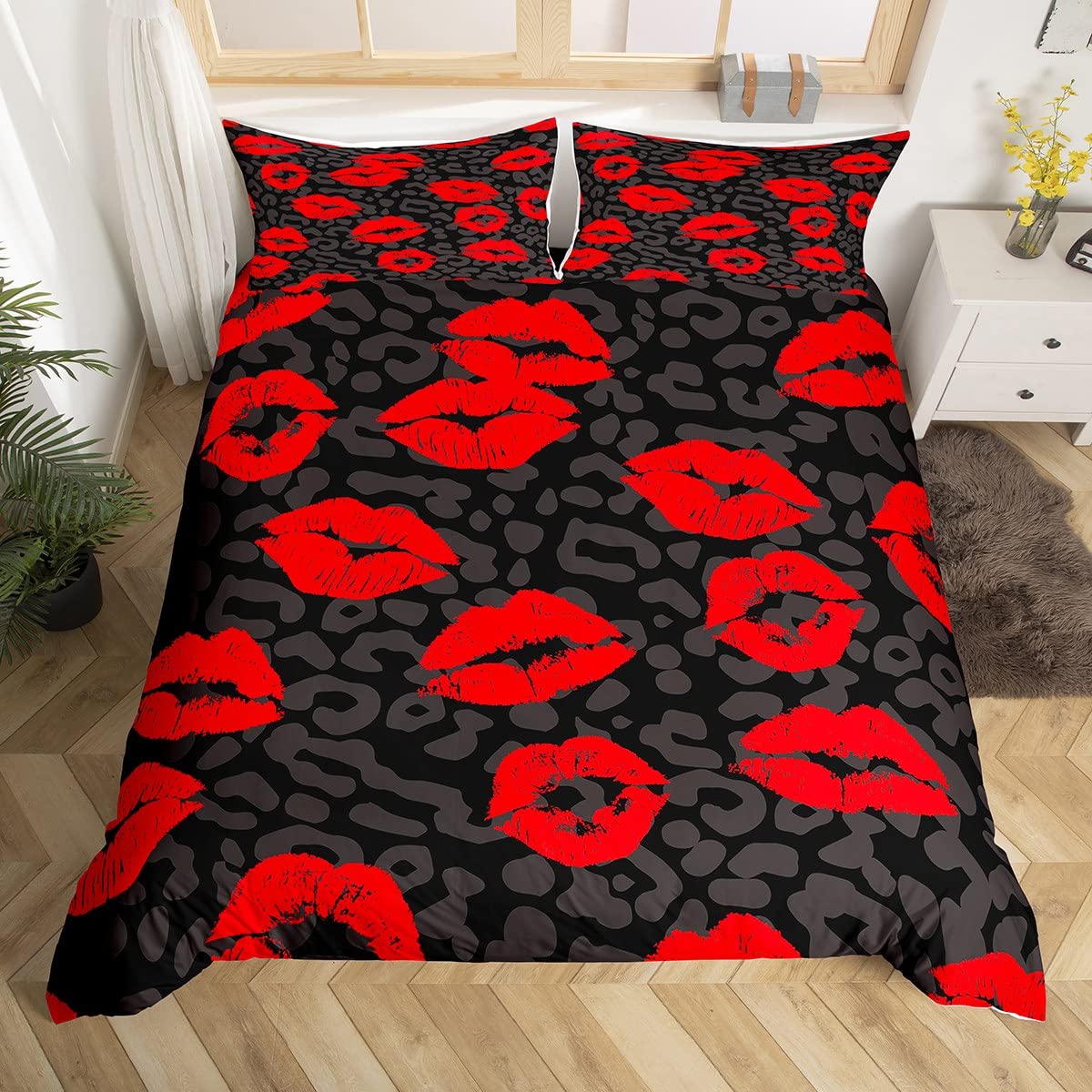 richhome Leopard Black Duvet Cover 3 pieces,Red Sexy Lips Print Comforter Cover,Wild Cheetah Skin Abstract Ultra Soft Bedspread Bedroom Decor,Sweet Kiss Valentine's Day Quilt Cover Super King Size — image 1