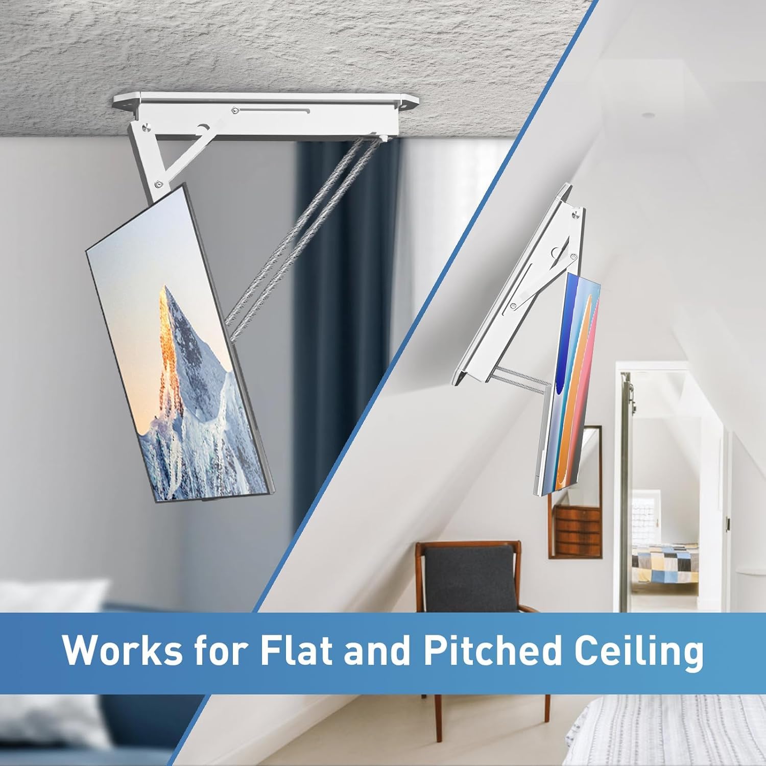 XINYAO Supporto TV elettrico da soffitto con telecomando, supporto motorizzato per TV a soffitto ribaltabile per schermi piatti e curvi da 32-70 pollici, compatibile VESA, resistente alle intemperie