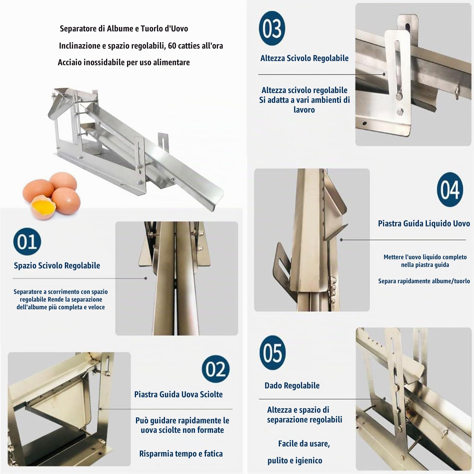 Separatore di uova commerciale, macchina per la separazione di albumi e tuorli in acciaio inox 304, 500-800 uova/h, altezza e spazio di separazione regolabili, per pasticcerie