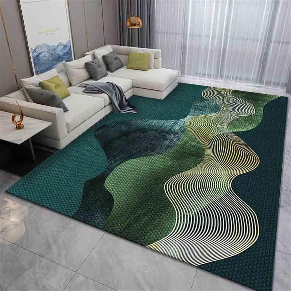 Tapis de luxe pour salon imprimé courbe verte élégante 180X250CM