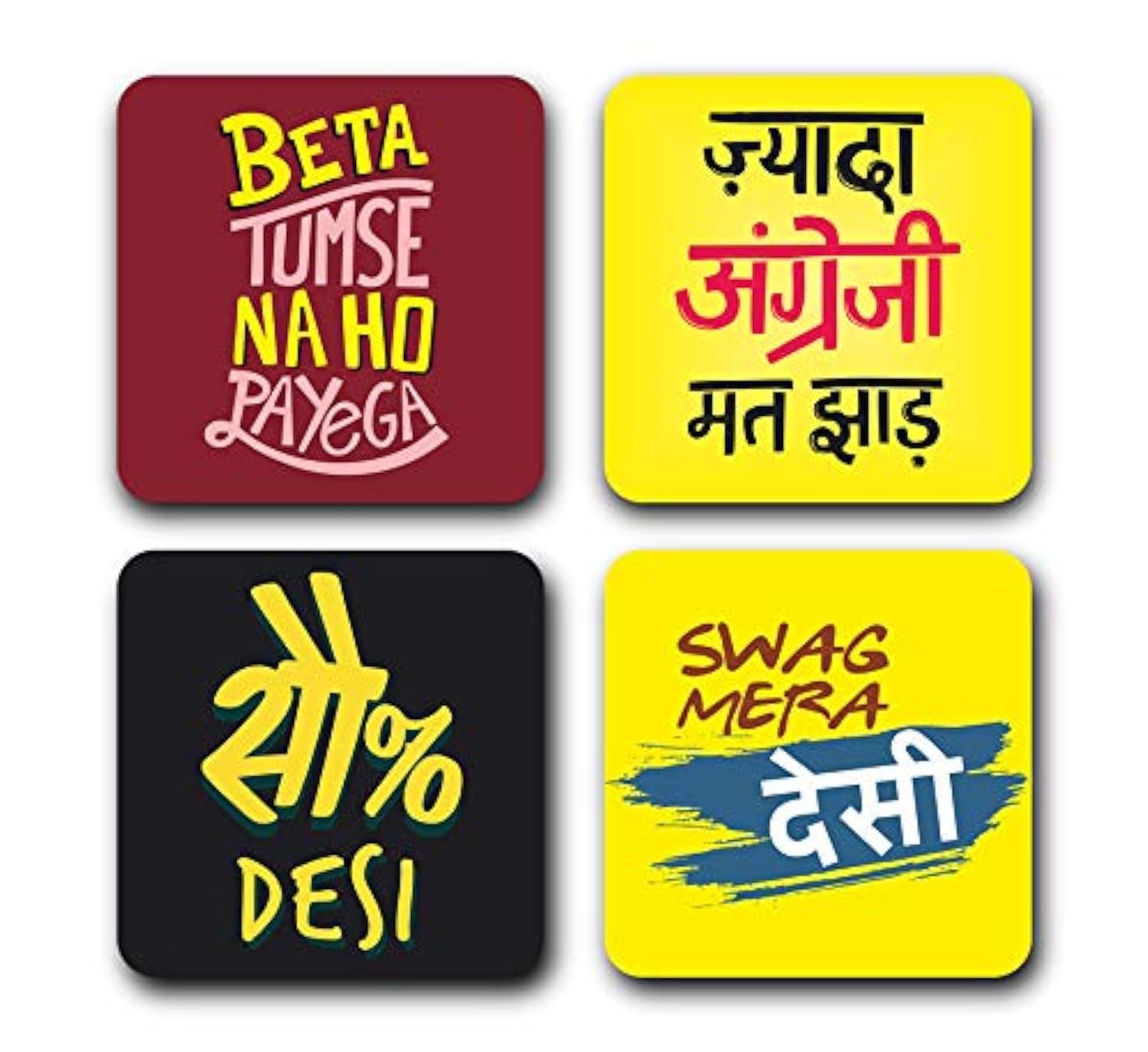 Yey Tea Coaster Set Funny Desi Slogans Printed, MDF Wood Material Coasters for Home and Kitchen, Office Table, Dining Table, Home Decor (3.5x3.5 inches, Set of 4)