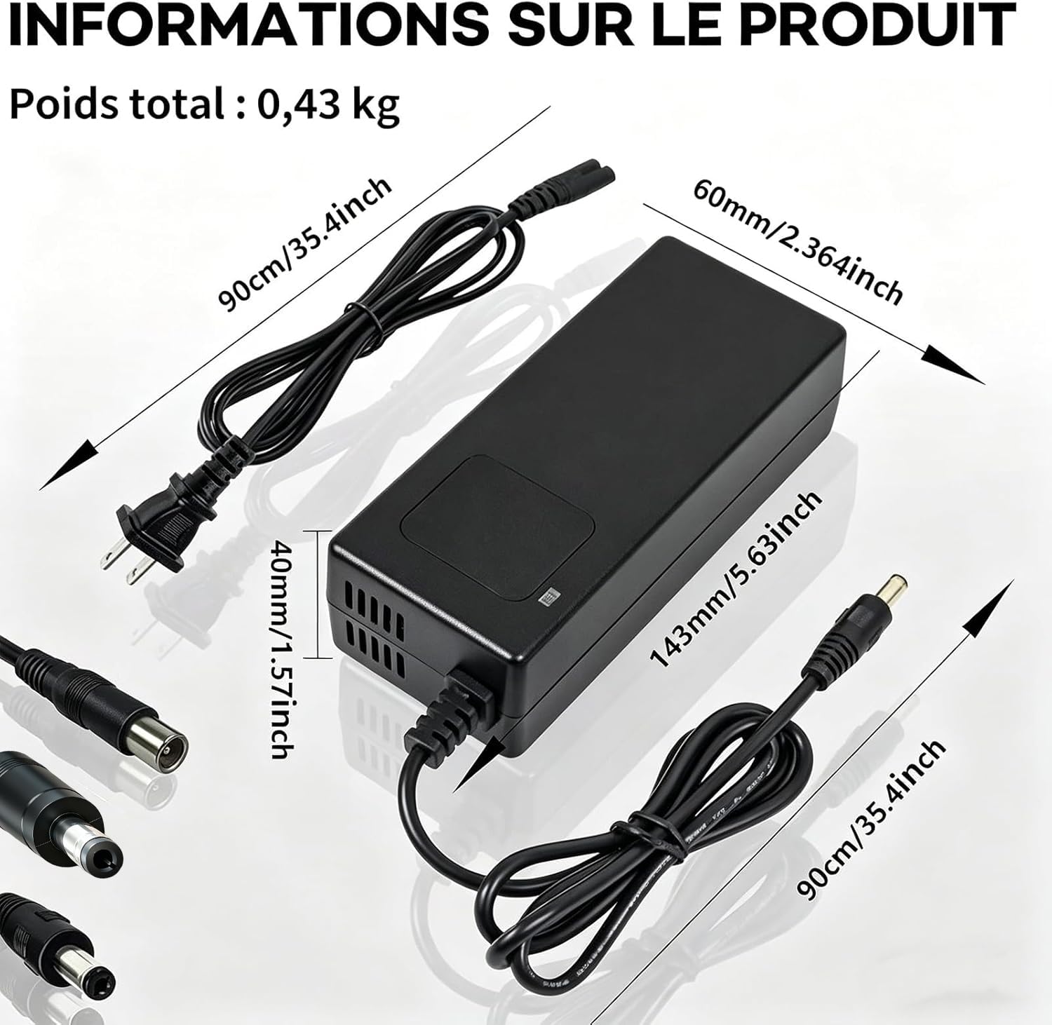 Cargador rápido 42V Li-Ion 36V, Bicicleta eléctrica y Patinete eléctrico | Pantalla LED, múltiples protecciones, certificación CE y conectores RCA de 8 mm y DC de 5,5 x 2,1/2,5 mm.