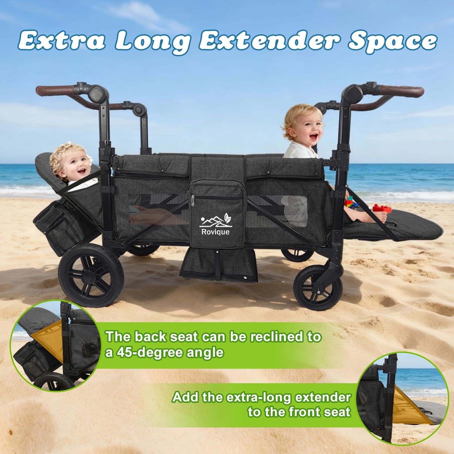 4 Seater Wagon Stroller, All-Terrain Stroller Wagon for 4 Kids with Extra Long Extender, Aluminum Foldable Baby Wagon with Large Storage Bag, Removable Canopy, Snack Tray, Adjustable Push/Pull Handle