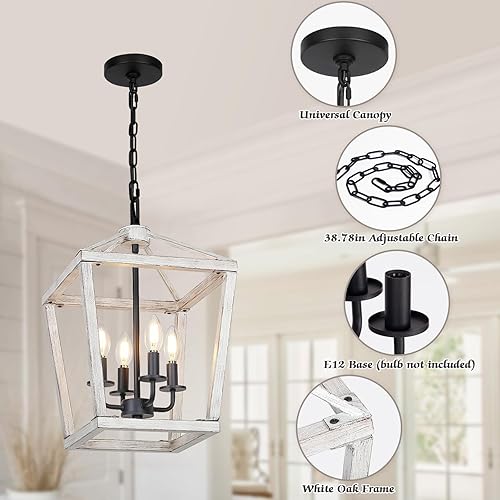 Miniatura 4 de Candelabro rústico de 4 luces, lámpara de granja con jaula de roble blanco cepillado y cadena ajustable, base E12, lámpara colgante geométrica,