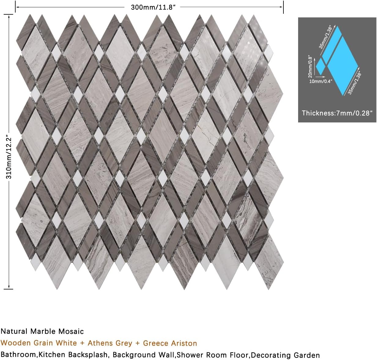 Gray Stone Diamond Mosaic Tiles, 5-Sheet Pack (5 Sq.Ft), Natural Textured Finish (Non-Polished), Geometric Rhombus Mesh-Mounted Tile for Shower Floor & Backsplash, Non-Slip