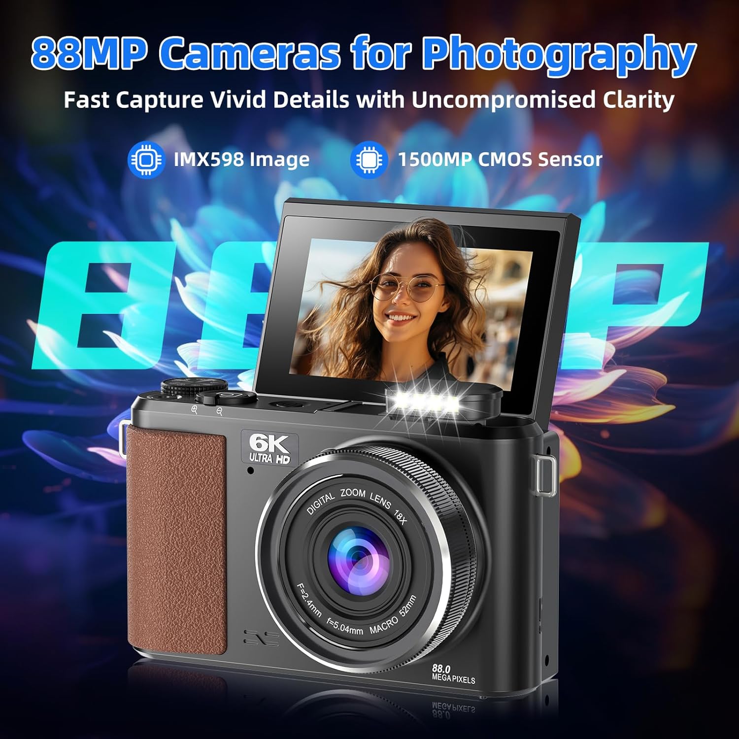 Ourlife 88MP 6K Digital Camera,WiFi Cameras for Photography,Autofocus Camera Vlogging with 3" 180°Flip Screen,Compact Camera Good for Beginners 18X Zoom Flash PoP-up(32GB Card)