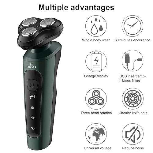 Miniatura 2 de Maquinilla de afeitar eléctrica 9D para hombre, recortadora de barba con 3 cabezales flotantes, afeitadora totalmente lavable, recargable,