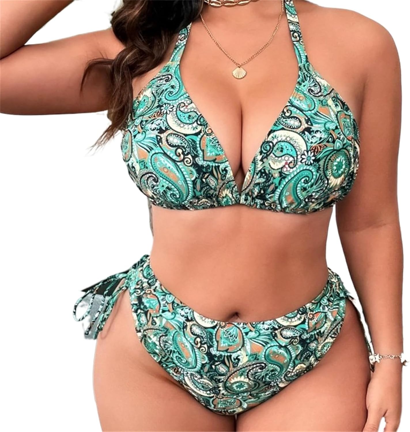 Women Two Piece Paisley Print Halter Bikini Pink Queens Choice Plus Size Swimwear, High Waisted Bottom with Side Ties