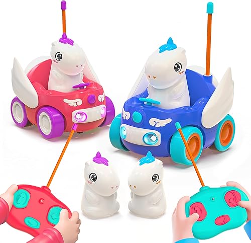 BEZGAR Auto a control remoto para niños pequeños  Paquete de 2 juguetes de unicornio para niños pequeños con controladores de unicornio