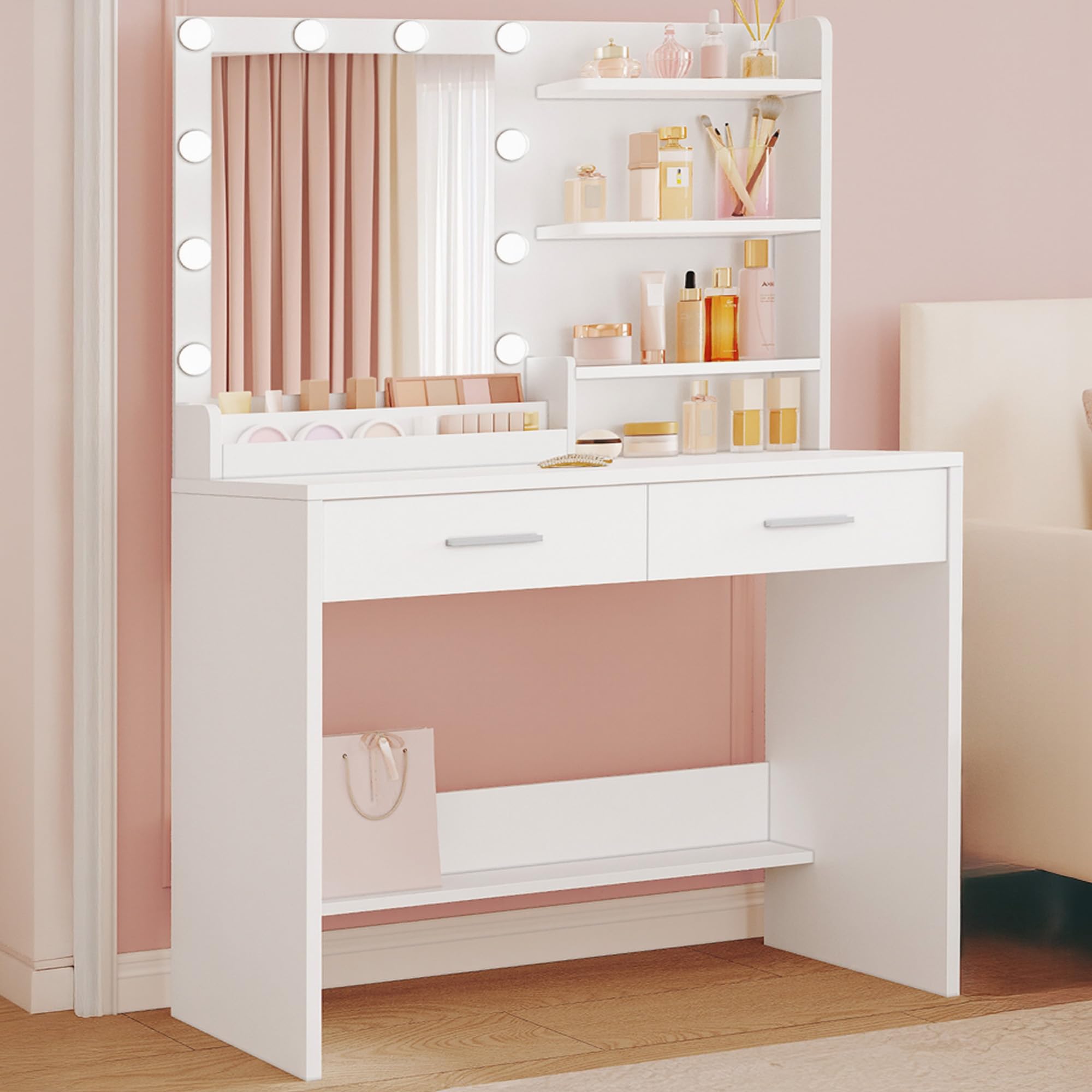 Hzuaneri 90 cm Toeletta da Trucco con Illuminazione a LED, Toeletta da Trucco con specchio, 3 livelli di luminosità, 2 cassetti, 4 ripiani aperti e 2 scomparti, moderna, Bianca DT42703XEU