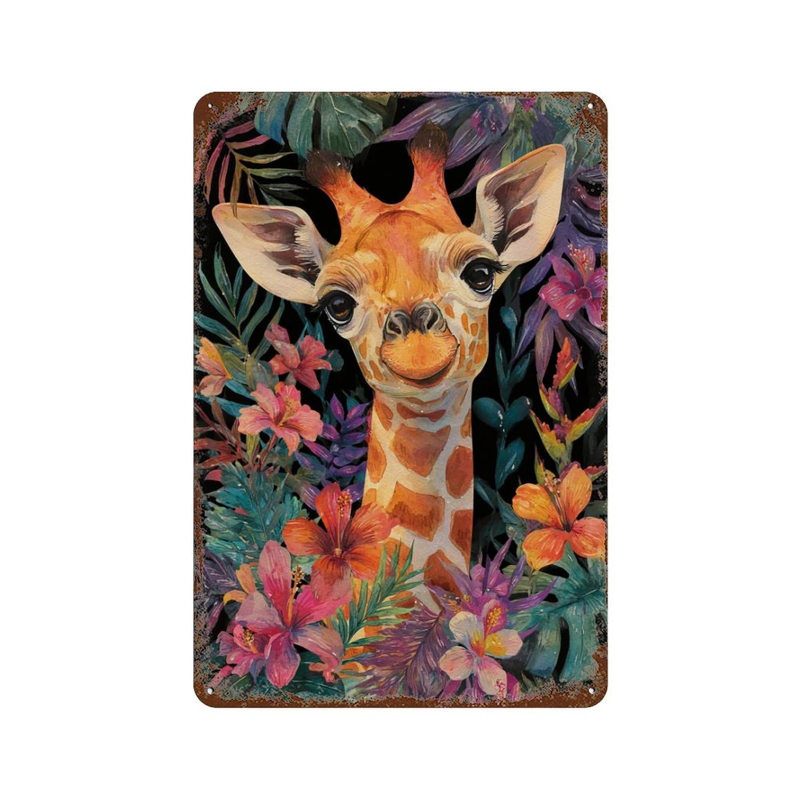 Giraffe in Tropical Flowers 11.8"x7.9" Decorative Tin Sign, Retro Wall Decor for Bistro, Counter And Cafe Decor