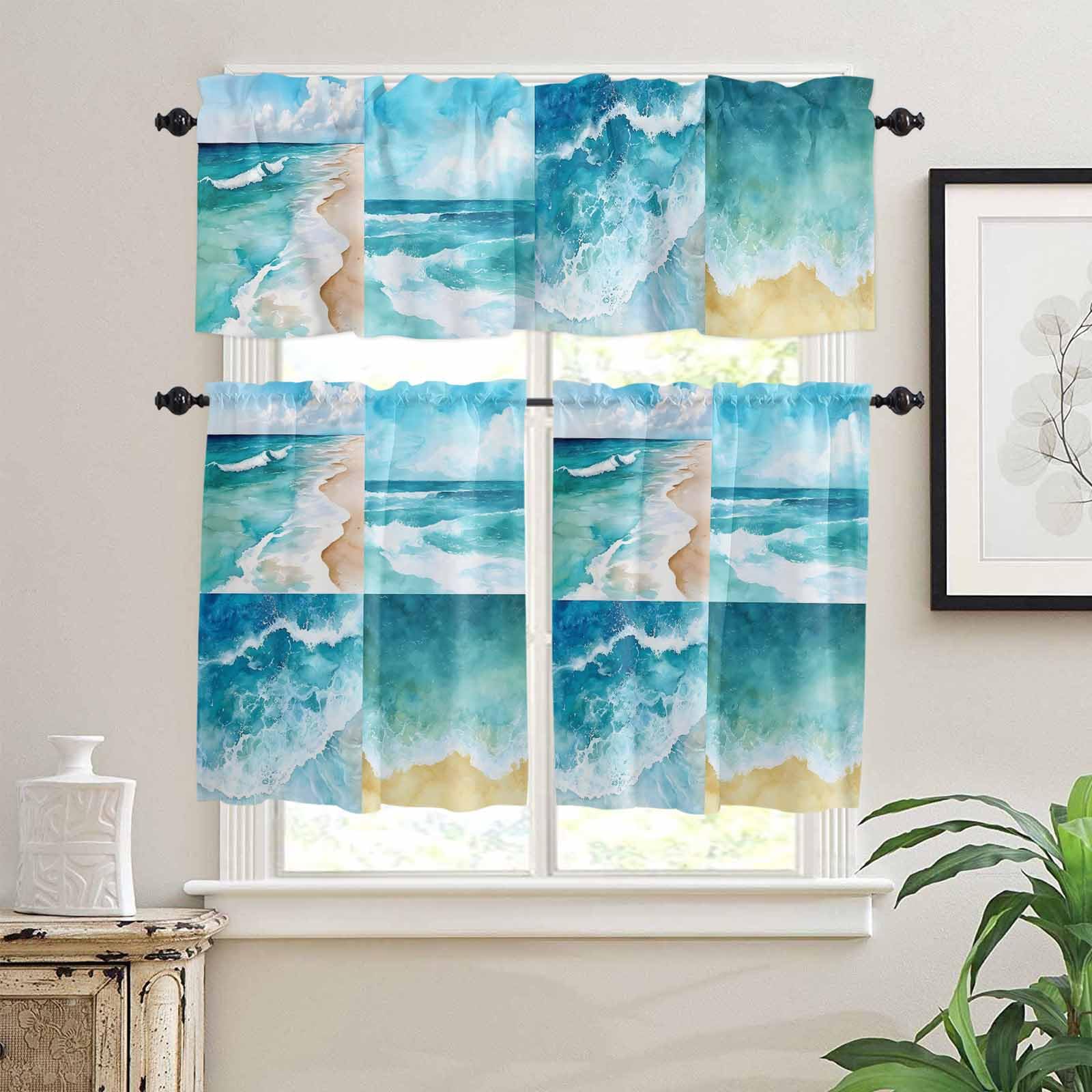 Turquoise Summer Beach Kitchen Curtains 36 Inch Length, 3 Piece Rod Pocket Small Half Tiers and Valance Set, Coastal Ocean Waves Nautical Small Large Window Treatment Decor for Bedroom/Bathroom Sink