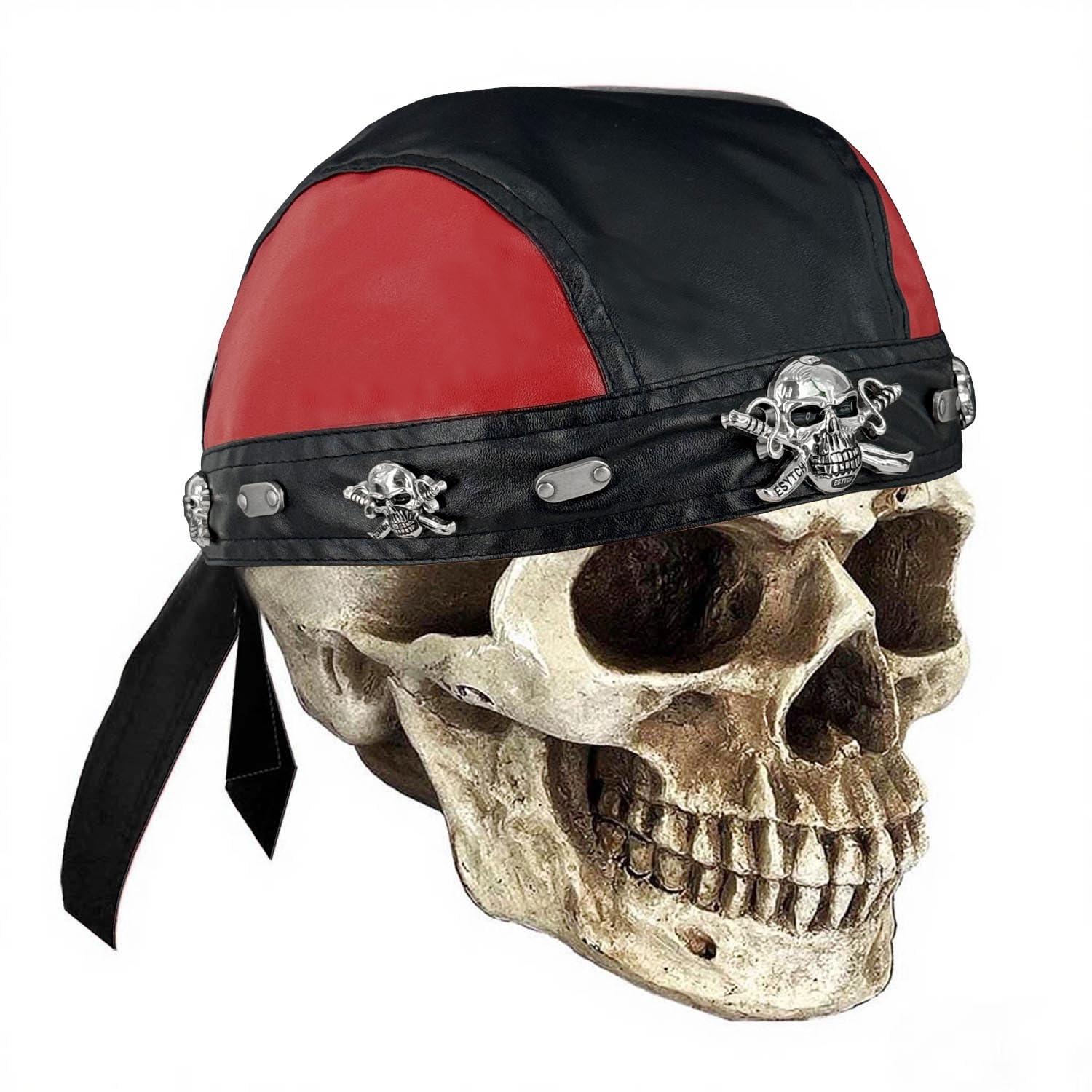 Skull Studs Cycling Bandana Doo Rags Red and Black Splicing Cap Punk Rock Biker Party Leather Cap